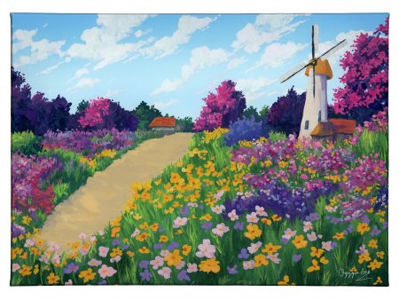 Windmill Flower Field - 13  x 18  Gallery Wrapped Canvas For Sale