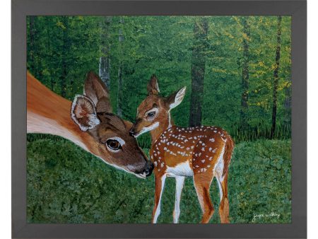 White Tailed Deer Doe Nurtures Fawn in Field - Art Prints Sale