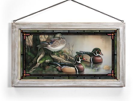 Backwater Wood Ducks - 13  x 23  Stained Glass Art Sale