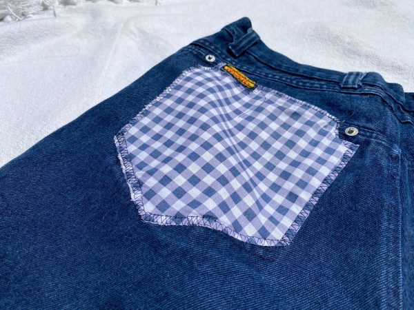 VRW060- Dark Blue Denim Shorts W  Gingham Pockets Discount