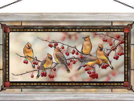 Crabapple Bandits - Cedar Waxwings  - 13  x 23  Stained Glass Art Sale